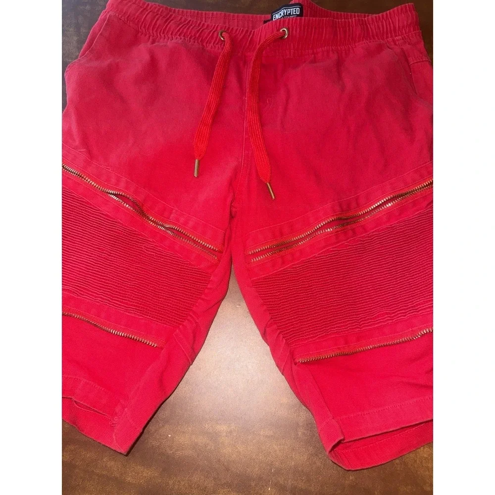 Encrypted Men's Red Moto Biker Shorts Ribbed Zipper Drawstring XL